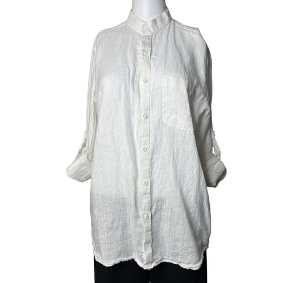 IkkeBana Linen Long Sleeve Mock Neck Button Down Shirt White Medium - Picture 1 of 5